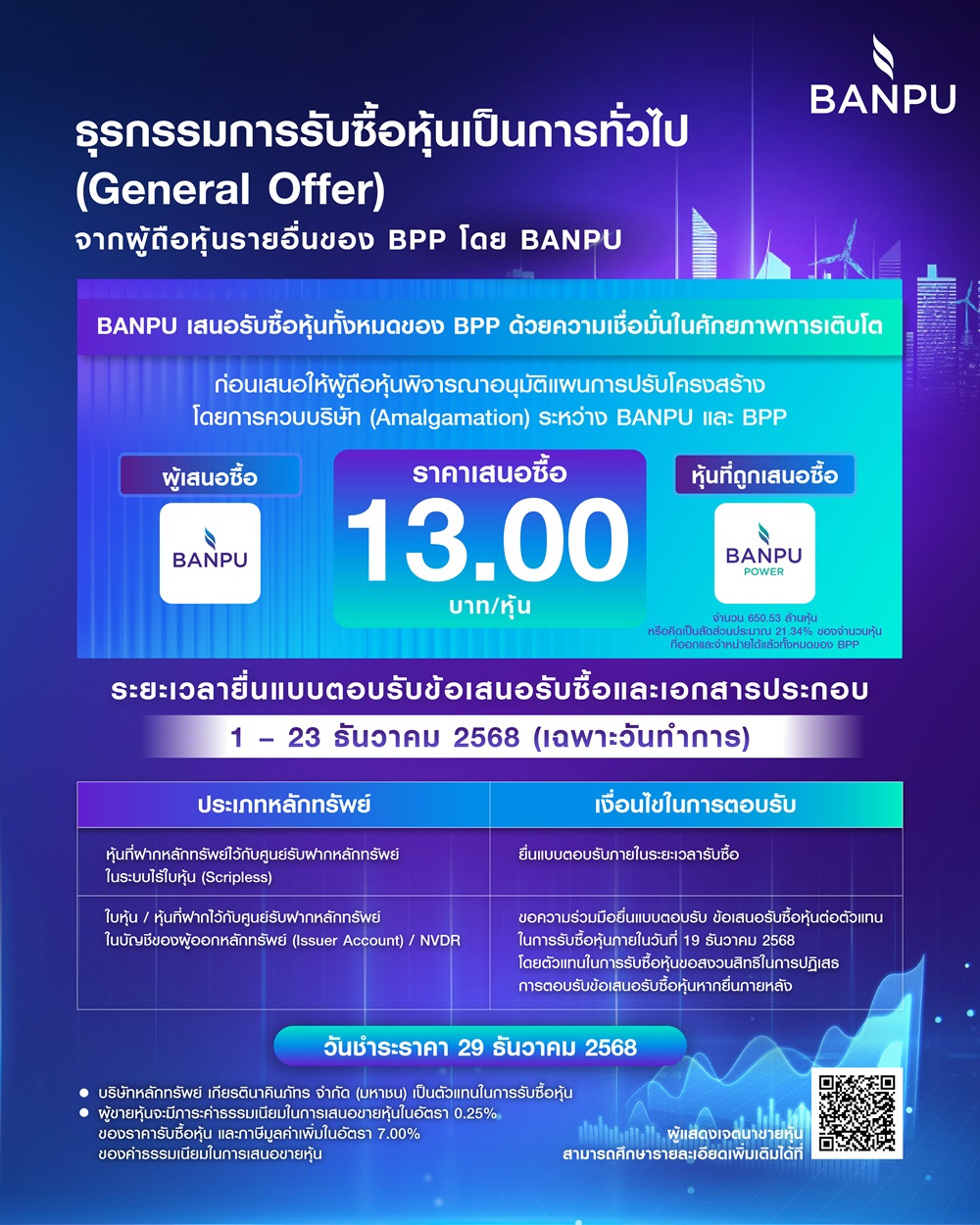 ผู้ขายหุ้นจะได้รับชำระเงินจากการขายหุ้น หลังหักค่าธรรมเนียมในการขายหุ้นในอัตราร้อยละ 0.25 ของราคารับซื้อหุ้น และภาษีมูลค่าเพิ่มในอัตราร้อยละ 7.00 ของค่าธรรมเนียมในการเสนอขายหุ้น ภายในวันที่ 29 ธันวาคม 2568