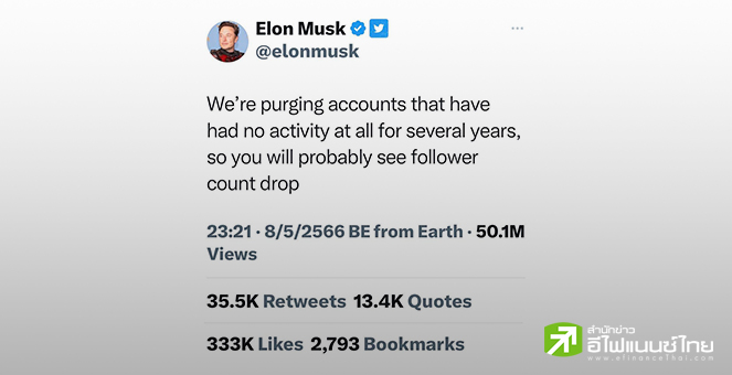 อีลอน มัสก์ ทวีตจะลบบัญชีไม่เคลื่อนไหวบน Twitter เพื่อเพิ่มพื้นที่