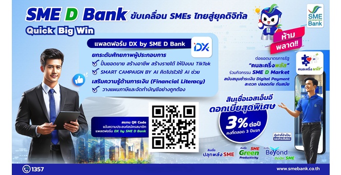 SME D Bank ขับเคลื่อนนโยบาย Quick Big Win ชูแพลตฟอร์ม “DX” ช่วยครบ “พัฒนาคู่เติมทุน” เสริมแกร่งเอสเอ็มอีไทยฝ่าฟันได้ทุกสถานการณ์