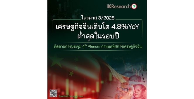 ศูนย์วิจัยกสิกรฯ เผยไตรมาส 3/2025 เศรษฐกิจจีนเติบโต 4.8%YoY ต่ำสุดในรอบปี ติดตามการประชุม 4th plenum กำหนดทิศทางเศรษฐกิจจีน