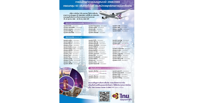 การบินไทยทำการบินฤดูหนาวปี 2568/2569 ครอบคลุม 63 เส้นทางทั่วโลก เดินหน้ากลยุทธ์สายการบินเครือข่าย