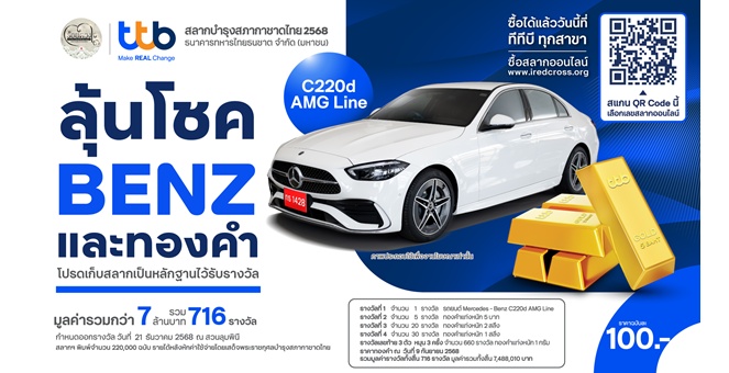 ทีทีบี ชวน `ลุ้นรถเบนซ์และทองคำแท่ง` ซื้อสลากกาชาดทีทีบีออนไลน์ ปี 2568 ลุ้นโชคใหญ่ 716 รางวัล รวมมูลค่ากว่า 7 ล้านบาท พิเศษ `ถูกรางวัล ไม่ต้องเสียภาษี`