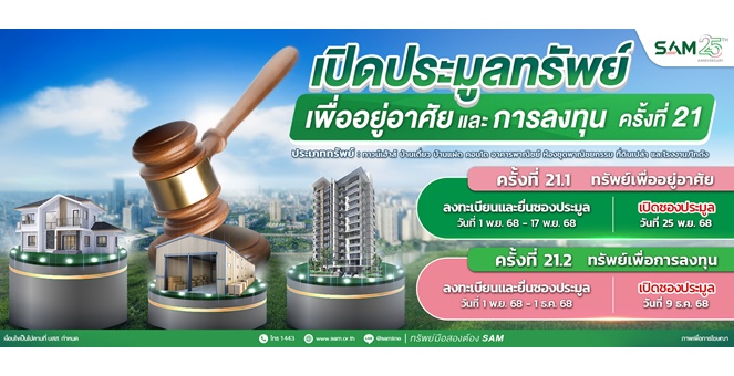 SAM ชูไฮไลท์ที่อยู่อาศัยทำเลทอง ราคาดี เปิดประมูลครั้งที่ 21 มูลค่ารวมกว่า 157 ลบ.
