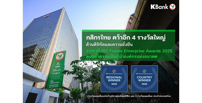 กสิกรไทย คว้าอีก 4 รางวัลใหญ่ ด้านดิจิทัลและความยั่งยืน จากเวที IDC Future Enterprise Awards 2025 ตอกย้ำความเป็นผู้นำองค์กรแห่งอนาคต