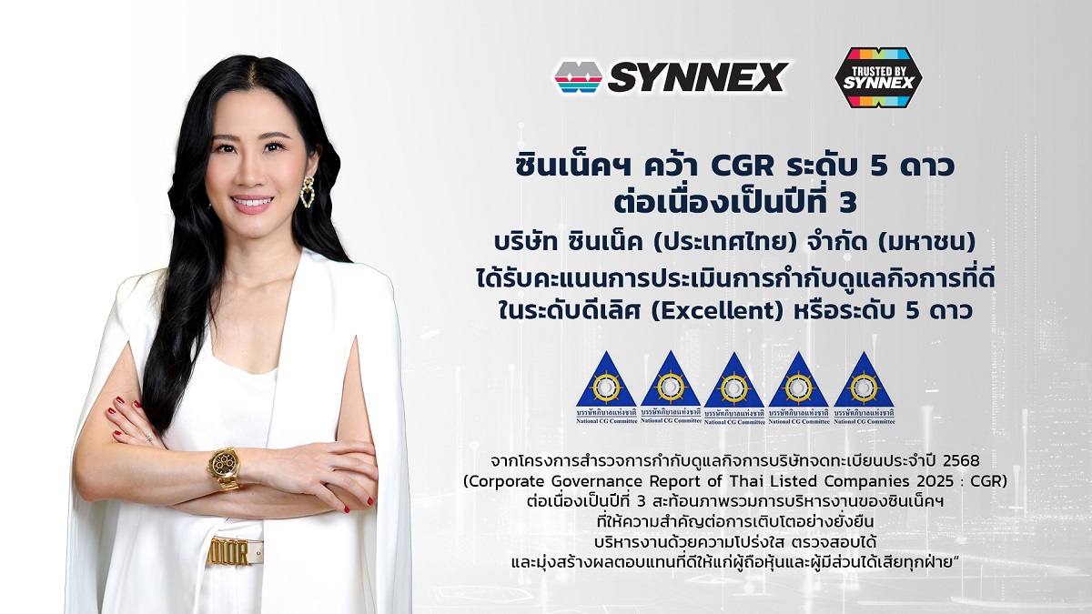 SYNEX คว้า CGR ระดับ “5 ดาว” ต่อเนื่องเป็นปีที่ ตอกย้ำธรรมาภิบาลแข็งแกร่ง และการเติบโตอย่างยั่งยืน