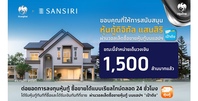 “หุ้นกู้ดิจิทัลแสนสิริ” บนแอปฯ เป๋าตัง จองซื้อเต็มจำนวน 1,500 ล้านบาท ตอกย้ำความเชื่อมั่นการลงทุนกับบริษัทอสังหาริมทรัพย์ชั้นนำของไทยที่มุ่งมั่นสู่การเติบโตอย่างยั่งยืน