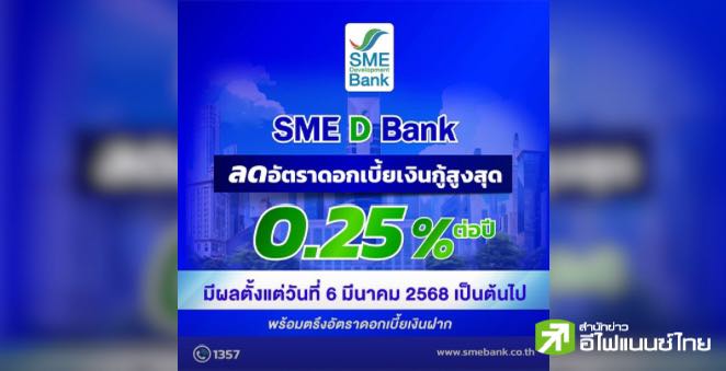 SME D Bank ลดดอกเบี้ยเงินกู้สูงสุด 0.25% พร้อมจัดสินเชื่อดอกเบี้ยต่ำ ช่วยลดภาระผู้ประกอบการ
