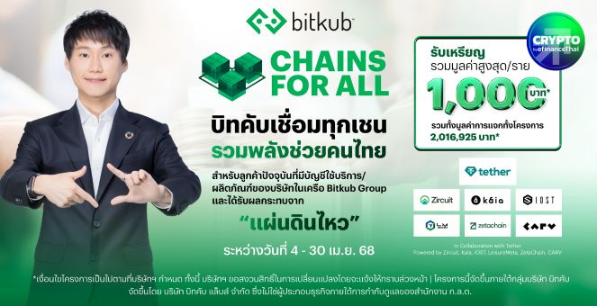 กลุ่มบิทคับ จับมือ 7 พาร์ทเนอร์ เปิดตัวโครงการ `CHAINS FOR ALL` ช่วยเหลือผู้ประสบภัยแผ่นดินไหวกว่า 2 ล้านบาท