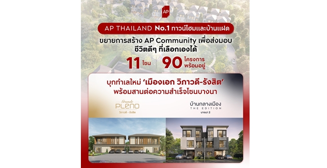 เอพี ไทยแลนด์ ผู้นำทาวน์โฮมและบ้านแฝด เดินเกม ZONING EXPANSION บุกทำเลใหม่ ‘เมืองเอก วิภาวดี-รังสิต’