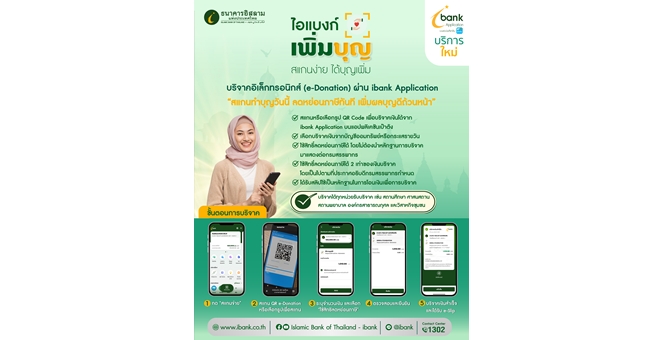 สแกนง่าย ได้บุญเพิ่ม กับบริการ ‘ไอแบงก์ เพิ่มบุญ’ บริการบริจาคอิเล็กทรอนิกส์ (e-Donation) ผ่าน ibank Application บนแอปพลิเคชันเป๋าตัง