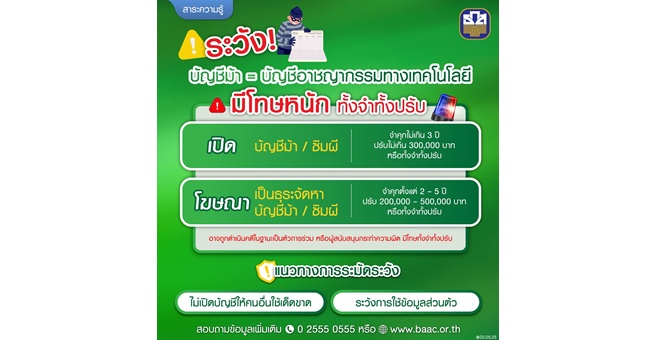 ธ.ก.ส. เตือนอย่าหลงเชื่อ! มิจฉาชีพชักจูงเปิดบัญชีม้า