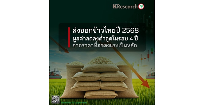 ศูนย์วิจัยกสิกรไทย คาดส่งออกข้าวไทยปี 2568 มูลค่าลดลงต่ำสุดในรอบ 4 ปี จากราคาที่ลดลงแรงเป็นหลัก