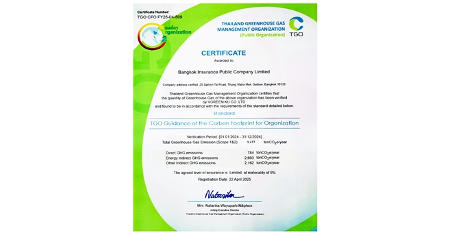 กรุงเทพประกันภัย ได้รับประกาศนียบัตรเชิดชูเกียรติ “คาร์บอนฟุตพริ้นท์ขององค์กร” สะท้อนถึงความมุ่งมั่นสู่สังคมคาร์บอนต่ำ