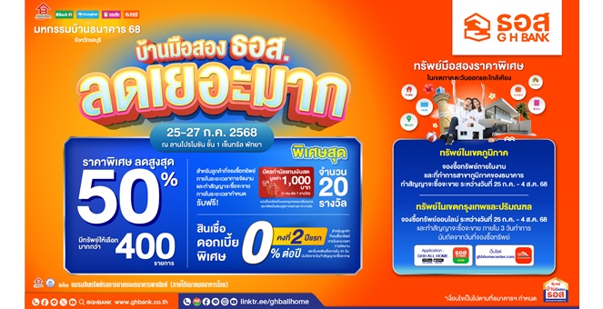 ธอส. ยกขบวนบ้านมือสองทั่วไทยบุกพัทยา! พร้อมโปรพิเศษ ลดราคาสูงสุดถึง 50% และดอกเบี้ยคงที่ 2 ปีแรก 0% ต่อปี ในงาน “มหกรรมบ้านธนาคาร 68 จังหวัดชลบุรี”