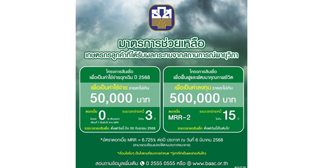 ธ.ก.ส. จัดมาตรการเร่งด่วนช่วยเหลือผู้ประสบอุทกภัยจากพายุโซนร้อนวิภา เลื่อนชำระหนี้ พร้อมวงเงินกู้ฉุกเฉินดอกเบี้ย 0% นาน 6 เดือนแรก