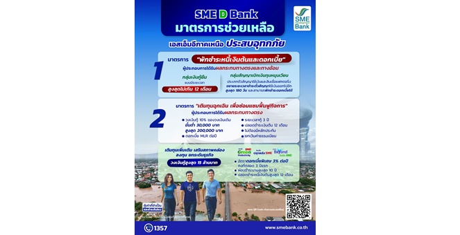 SME D Bank ส่งมาตรการด่วน ช่วยเอสเอ็มอีภาคเหนือฝ่าวิกฤตน้ำท่วม พักชำระหนี้เงินต้น-ดอกเบี้ยสูงสุด 12 เดือน คู่เติมทุนฉุกเฉินฟื้นฟูกิจการ