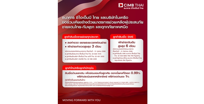 CIMB THAI และบริษัทในเครือ ออกมาตรการช่วยเหลือลูกค้าที่ได้รับผลกระทบจากสถานการณ์ชายแดนไทย-กัมพูชา และอุทกภัยภาคเหนือ