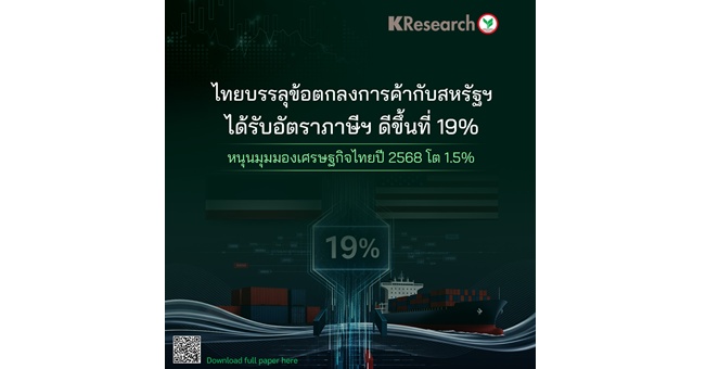 ศูนย์วิจัยกสิกรฯ เผยไทยบรรลุข้อตกลงการค้ากับสหรัฐฯ ได้รับอัตราภาษีฯ ดีขึ้นที่ 19% หนุนมุมมองเศรษฐกิจไทยปี 68 โต 1.5%