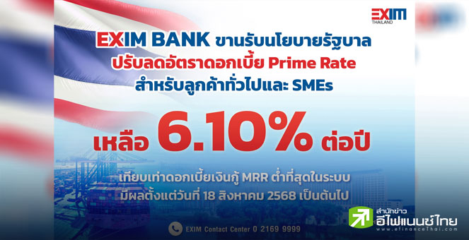 EXIM BANK ปรับลด ดบ. Prime Rate เหลือ 6.10% ต่อปี ต่ำสุดในระบบ - เริ่ม 18 ส.ค.นี้