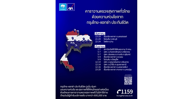 กรุงไทย - แอกซ่า ประกันชีวิต จัดโครงการ “คาราวานตรวจสุขภาพทั่วไทย” มอบบริการตรวจสุขภาพ ฟรี! ตลอดเดือนสิงหาคม – กันยายนนี้