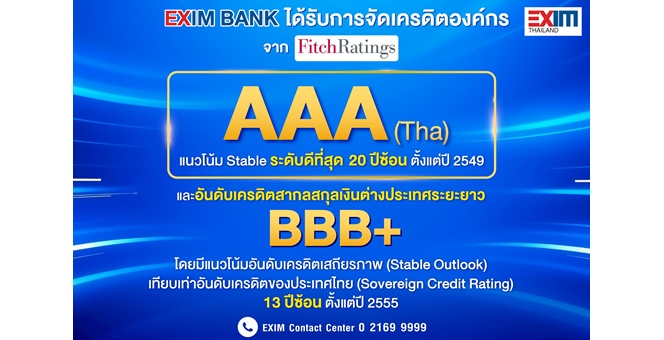 EXIM BANK โชว์สถานะทางการเงินแข็งแกร่ง คงอันดับเครดิตสูงสุดในประเทศ ระดับ AAA(tha) ต่อเนื่องเป็นปีที่ 20 และอันดับเครดิตสากลสกุลเงินต่างประเทศระยะยาวที่ BBB+ เท่ากับประเทศไทย ต่อเนื่องเป็นปีที่ 13