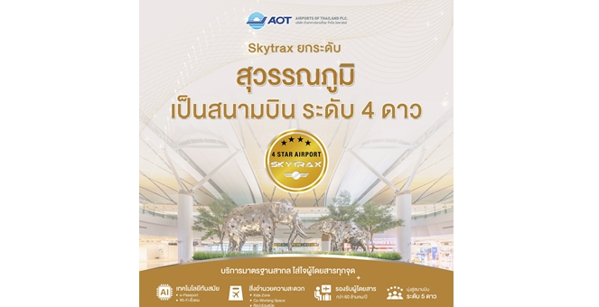 AOT ปลื้ม ท่าอากาศยานสุวรรณภูมิได้รับการยกระดับเป็นสนามบินระดับ 4 ดาวจากการประกาศของ Skytrax