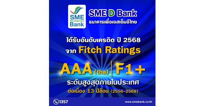 SME D Bank สถานะสุดแกร่ง ‘ฟิทช์ เรทติ้งส์’ ประกาศคงอันดับเครดิตสูงสุดในประเทศ ระดับ AAA(tha) ตอกย้ำบทบาทสำคัญ สนับสนุนเอสเอ็มอีไทยเติบโตยั่งยืน