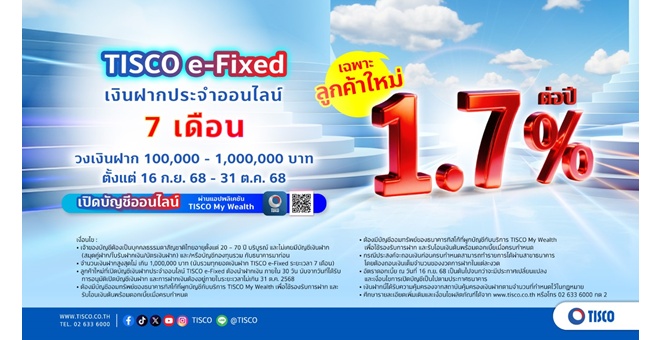 ธ.ทิสโก้ เจาะกลุ่มลูกค้าใหม่ เสิร์ฟเงินฝากประจำออนไลน์ ดอกเบี้ยสูง 1.7% ต่อปี