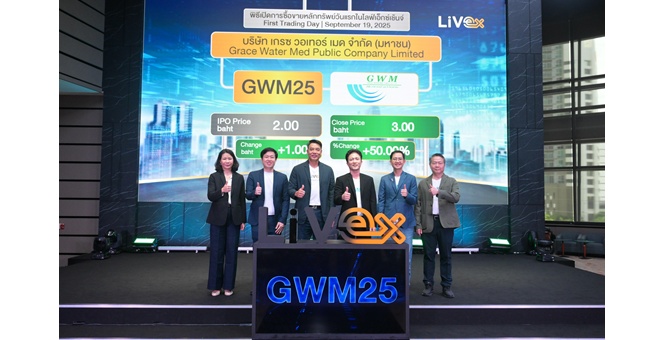 บมจ.เกรซ วอเทอร์ เมด (GWM25) เปิดเทรดวันแรก LiVEx ราคาพุ่ง 50% สะท้อนความเชื่อมั่นนักลงทุน ตั้งเป้าผลงานปี 68 มากกว่า 180 ล้านบาท พร้อมปักธงภายใน 3 ปีเข้าตลาด mai