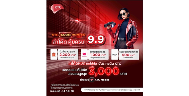 เคทีซีมอบโค้ดส่วนลดทุกแพลตฟอร์ม หนุนช้อป 9.9 นี้ ใช้จ่ายอย่างคุ้มค่ายุค e-Commerce